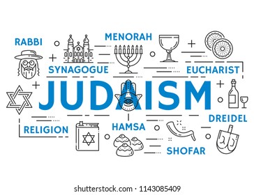 Judaism religion banner with jewish culture and philosophy thin line symbols. Torah, menorah and synagogue, hanukkah and passover holiday, kosher food and wine, dreidel, shofar and eucharist icons