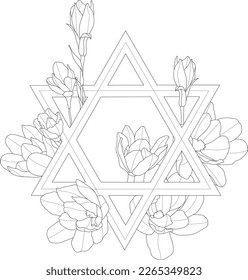 Judaism religion Davids star symbol with floral arrangement graphic sketch template. Cartoon vector illustration in black and white for games. Children`s story book, fairytail, coloring paper, page.