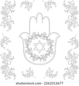 Judaism religion hand symbol with floral arrangement graphic sketch template. Cartoon vector illustration in black and white for games. Children`s story book, fairytail, coloring paper, page, print