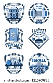 Judaism religion and Israel travel badges. Vector Hanukkah holiday menorah, Torah and Star of David, dreidel, honey and donuts, pomegranate and Jerusalem synagogue. Jewish religion, tourism symbols