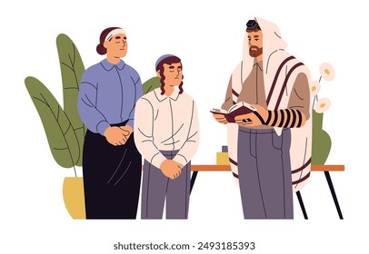 Judaism religion. Jewish family prays, reads Torah. Religious people recite prayers to God. Jews' belief. Shabbat, Hebrew spiritual ritual. Flat isolated vector illustration on white background