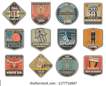 Judaism religion and Jewish retro icons or symbols. Torah and hebrew courses, synagogue and kosher fruits, souvenirs shop and dreidel, traditional clothing and shofar. Menorah and rosh hashana