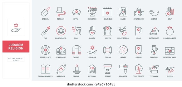Judaism religion line icons set. Jewish identity objects and religious items, food and calendar for religious holidays and festivals, thin black and red symbols collection vector illustration