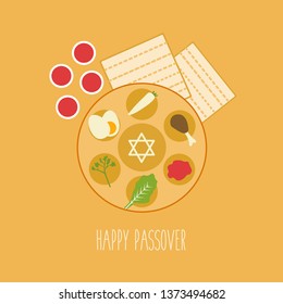 Judaism religion with matzo, wine glass, egg, bitter art & horseradish isolated. flat design happy Passover lel seder kosher plate food greeting card & traditional set icons and symbols cartoon vector