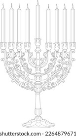 Judaism religion menorah symbol with floral arrangement graphic sketch template. Cartoon candlestick vector illustration in black and white for games. Children`s story book, fairytail, coloring paper