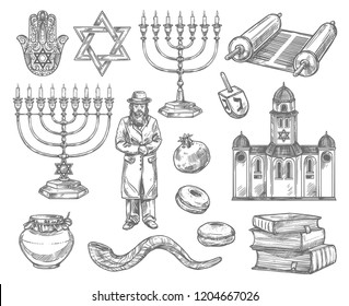 Judaism religion sketches with vector symbols of jewish holidays. Hanukkah menorah, Rosh Hashanah shofar, honey, donut and pomegranate, David Star, torah and dreidel, rabbi, synagogue, book and hamsa