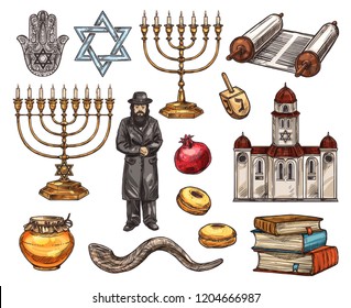 Judaism religion symbols, Jewish religious sketch icons. Vector hamsa hand and david star, candlestick and holy text ingot or Torah, orthodox Jew and pomegranate. Temple or church, book pile and honey