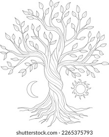 Judaism religion tree of life symbol with sun and moon graphic sketch template. Cartoon vector illustration in black and white for games. Childrens story book, fairytail, coloring paper, page, print