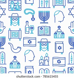 Judaism seamless pattern with thin line icons: Orthodox jew, star of David, sufganiyot, hamsa, candles, synagogue, skullcap, rosary, Western Wal, Tanakh. Modern vector illustration.