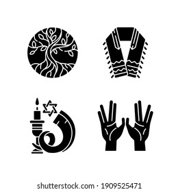 Judaism Signs Black Glyph Icons Set On White Space. Life Tree. Tallit And Tzitzit. Shofar. Priestly Blessing Hands. Earth And Heaven Connection. Silhouette Symbols. Vector Isolated Illustration