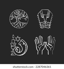 Judaism signs chalk white icons set on black background. Life tree. Tallit and tzitzit. Shofar. Priestly blessing hands. Earth and heaven connection. Isolated vector chalkboard illustrations