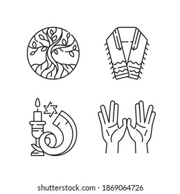 Judaism signs linear icons set. Life tree. Tallit and tzitzit. Shofar. Priestly blessing hands. Customizable thin line contour symbols. Isolated vector outline illustrations. Editable stroke