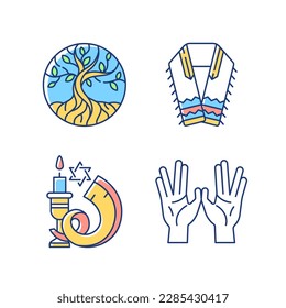 Judaism signs RGB color icons set. Life tree. Tallit and tzitzit. Shofar. Priestly blessing hands. Earth and heaven connection. Jewish prayer shawl. Ancient musical horn. Isolated vector illustrations