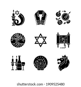 Judaism symbols black glyph icons set on white space. Shofar, shophar. Jewish prayer shawl. Apples and honey pot. Life tree. David star. Torah scroll. Silhouette symbols. Vector isolated illustration