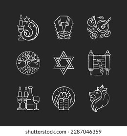 Judaism symbols chalk white icons set on black background. Shofar, shophar. Jewish prayer shawl. Apples and honey pot. Life tree. David star. Torah scroll. Isolated vector chalkboard illustrations