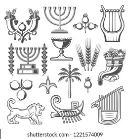 Judaism symbols monochrome vector icons. Cornucopia and goblet, pomegranate and menorah, laurel branches and harp, lion and wheat. Jewish culture and judaism religion icons