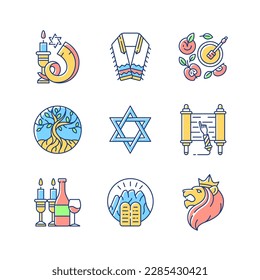 Judaism symbols RGB color icons set. Shofar, shophar. Jewish prayer shawl. Apples and honey pot. Life tree. David star. Torah scroll. Kosher wine. Stone Tablets. Isolated vector illustrations