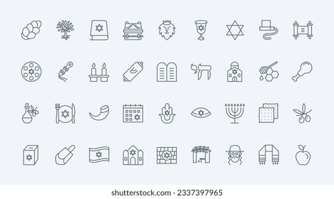 Judaism thin black line icons set vector illustration. Outline Israel religion symbols with Hanukkah and Jewish synagogue, Star of David and Torah scroll, rabbi and challah bread, hamsa and dreidel