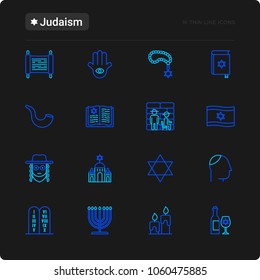 Judaism thin line icons set: Orthodox jew, star of David, sufganiyot, hamsa, candles, synagogue, skullcap, rosary, Western Wal, Tanakh. Modern vector illustration for black theme.