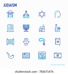 Judaism thin line icons set: Orthodox jew, star of David, sufganiyot, hamsa, candles, synagogue, skullcap, rosary, Western Wal, Tanakh. Modern vector illustration.