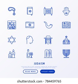 Judaism thin line icons set: Orthodox jew, star of David, sufganiyot, hamsa, candles, synagogue, skullcap, rosary, Western Wal, Tanakh. Modern vector illustration.