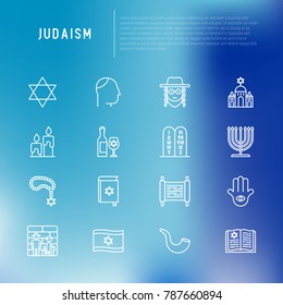 Judaism thin line icons set: Orthodox jew, star of David, sufganiyot, hamsa, candles, synagogue, skullcap, rosary, Western Wal, Tanakh. Modern vector illustration.