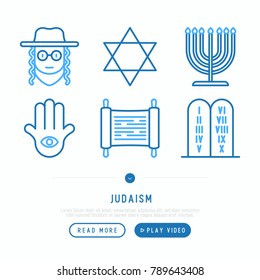 Judaism thin line icons set: Orthodox jew, star of David, sufganiyot, hamsa, candles. Modern vector illustration, web page template.