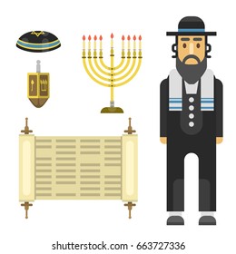 Judaism traditional symbols isolated Hanukkah religious synagogue passover Hebrew character vector illustration.