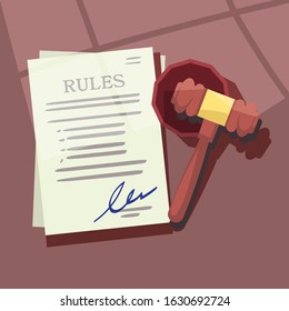 Judege gavel with rules or laws paper - vector illustration