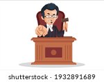 Judge is angry holding hammer and showing finger. Vector Graphic illustration. Individually on a white background. 