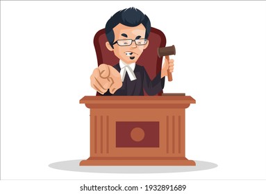 Judge is angry holding hammer and showing finger. Vector Graphic illustration. Individually on a white background. 