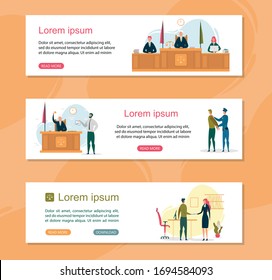 Judge with Assistance and Secretary Sitting in Courtroom Banner. Criminal Procedure with Attorney and Prosecutor. Lawyer Holding Evidence, Policeman with Suspect Web Flat Cartoon Vector Illustration.