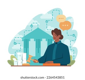 Judge. Black female court worker stand for justice and law. Judge in traditional black robe hearing a case and sentencing. Judgement and punishment idea. Flat vector illustration