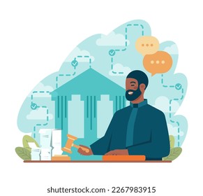 Judge. Black male court worker stand for justice and law. Judge in traditional black robe hearing a case and sentencing. Judgement and punishment idea. Flat vector illustration