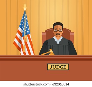 Judge black man in courtroom at tribunal with gavel and american flag. Judicial cartoon background. Civil and criminal cases public trial. Vector flat illustration.