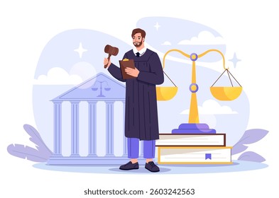 Judge in black robe holding gavel and clipboard, standing near courthouse, scales of justice, and law books on a light background. Concept of law and justice. Vector illustration