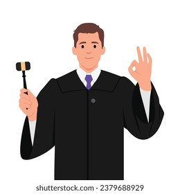 Judge caucasian man showing ok sign with fingers. Flat vector illustration isolated on white background