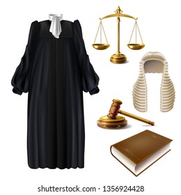 Judge ceremonial clothing, wooden gavel and scales of justice realistic vector isolated on white background. Court dress with long wig black robe and bow tie on collar illustration. Law system symbols
