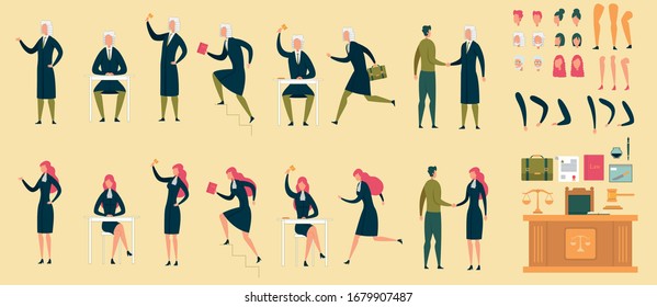 Judge Character Constructor Kit or DIY Set. Collection Body Part, Professional Equipment. Front, Side View. Leg, Arm, Head, Equipment as Law Book, Gavel Flat Cartoon Vector Illustration.