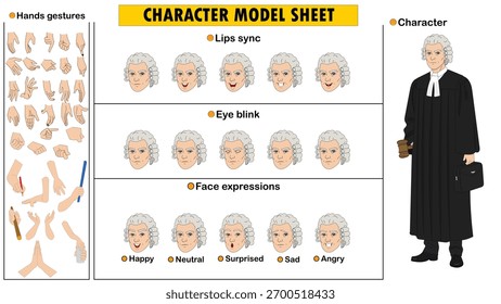 Kit do Construtor de Personagem Juiz. Folha de modelo profissional legal editável com traje de corte e expressões faciais.