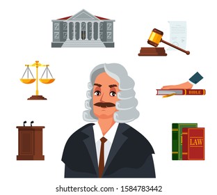 Judge Character. Flat Referee Accessories Set. Code Of Law, Bible Oath, Hourglass, Courthouse, Tribune, Judicial Gavel, Golden Weigh-scales. Justice. Vector Illustration