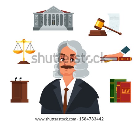 Judge character. Flat referee accessories set. Code of law, bible oath, hourglass, courthouse, tribune, judicial gavel, golden weigh-scales. Justice. Vector illustration