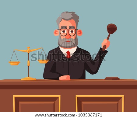 Judge character with hammer. Cartoon vector illustration