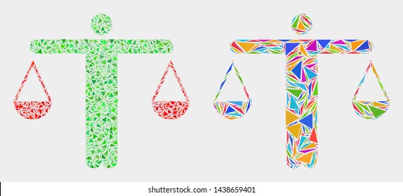 Judge collage icon of triangle items which have various sizes and shapes and colors. Geometric abstract vector illustration of judge.