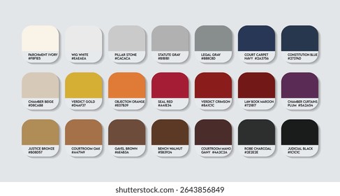 Paleta de Cores do Juiz, Paleta do Guia de Cores do Juiz com Nomes de Cores. Catálogo Amostras Juiz com códigos RGB HEX e Nomes. agradável e limpo paleta de cores genuínas, Moda Tendência Royal Color Palette Vetor EPS