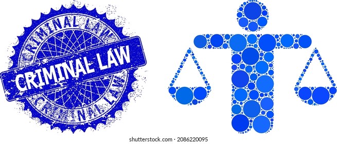 Judge compare vector mosaic of dots in variable sizes and blue color tones, and textured Criminal Law stamp seal. Blue round sharp rosette stamp seal contains Criminal Law tag inside it.