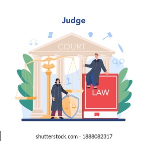 Judge concept. Court worker stand for justice and law. Judge in traditional black robe hearing a case and sentencing. Judgement and punishment idea. Isolated flat vector illustration