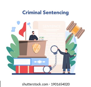 Judge concept. Court worker stand for justice and law. Judge in traditional black robe hearing a case and sentencing. Judgement and punishment idea. Isolated flat vector illustration