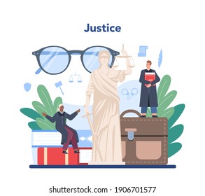 Judge concept. Court worker stand for justice and law. Judge in traditional black robe hearing a case and sentencing. Judgement and punishment idea. Isolated flat vector illustration