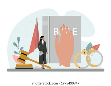 Judge concept. Court worker stand for justice and law. Judge in traditional black robe hearing a case and sentencing. Judgement and punishment idea. Isolated flat vector illustration